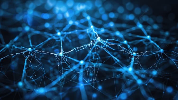 An abstract blue network of connected nodes, representing interconnected decisions under uncertainty.