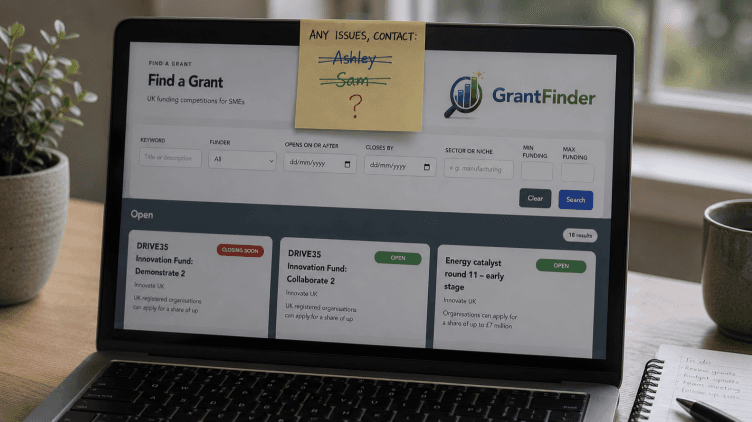 A laptop showing a custom Grant Finder tool, with a sticky note above it listing two crossed-out names and a question mark for the person now responsible.