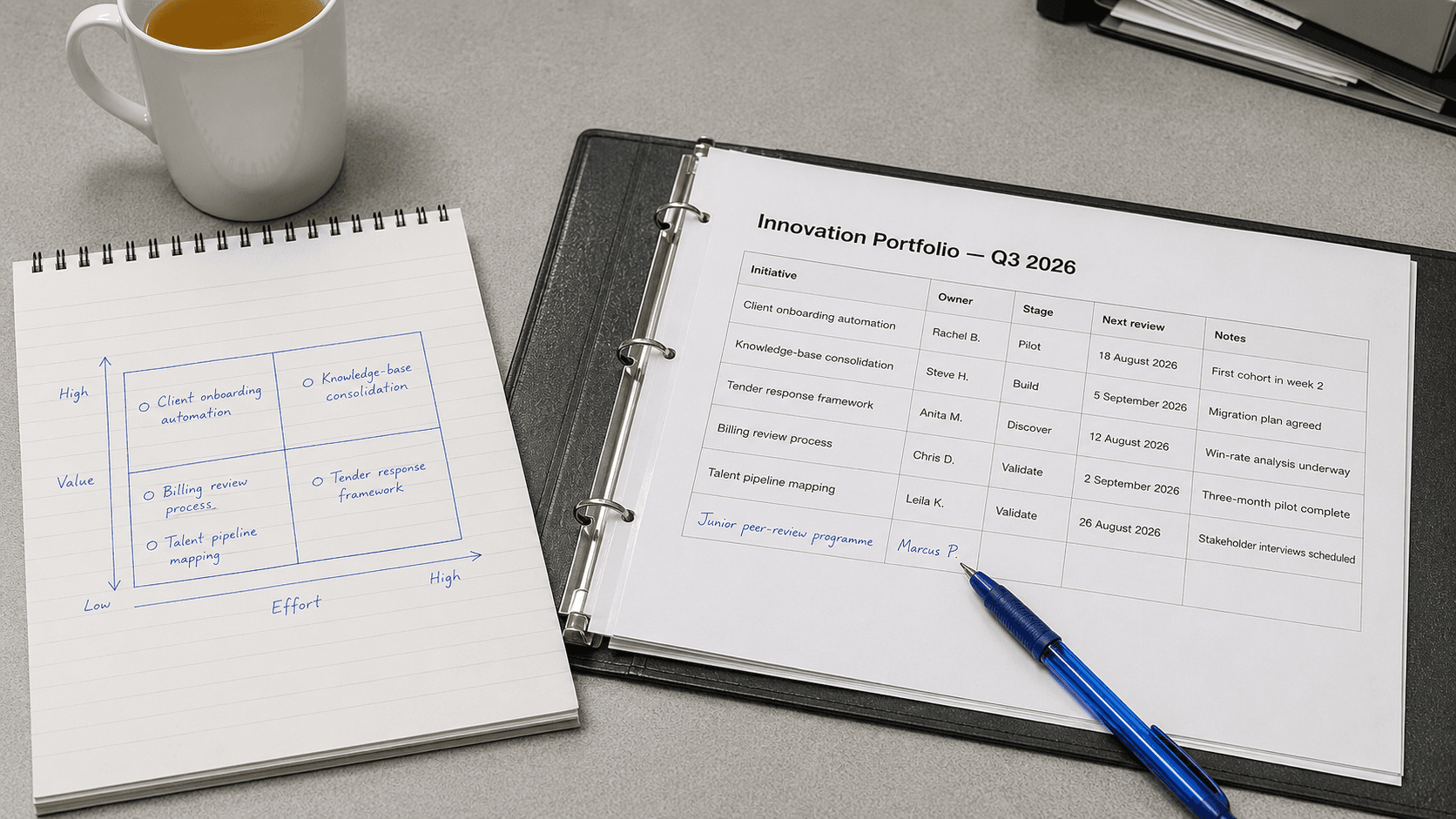 A printed innovation portfolio register sits in an A5 ring binder on a grey melamine desk. The register lists named initiatives with owners, stages, review dates and notes; one row is partially completed in blue biro. A spiral-bound flip-pad to the left shows a hand-drawn 2x2 effort-vs-value matrix. A white mug of tea sits in the upper left.